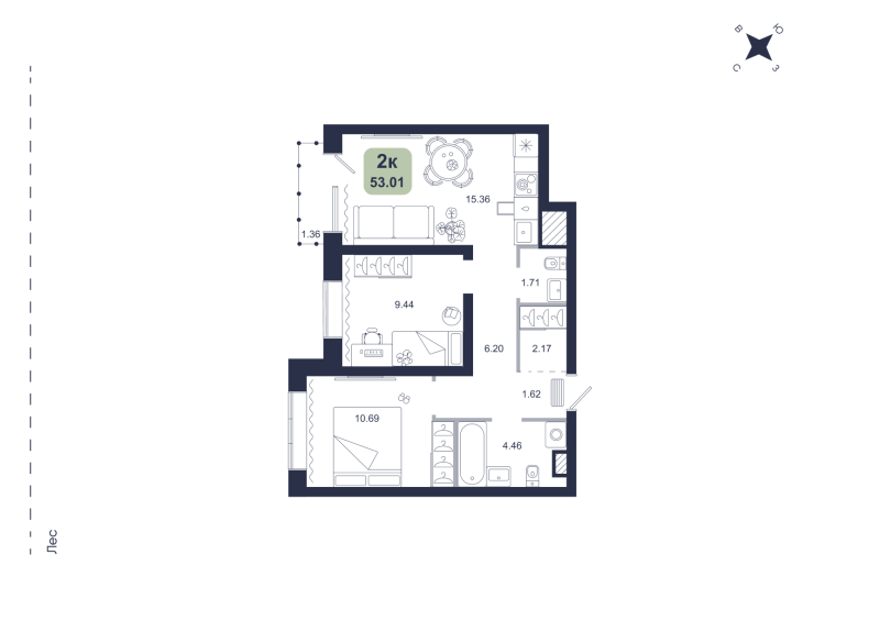 Планировка 2-комн. квартира, 53 м² — ЖК «Хито»