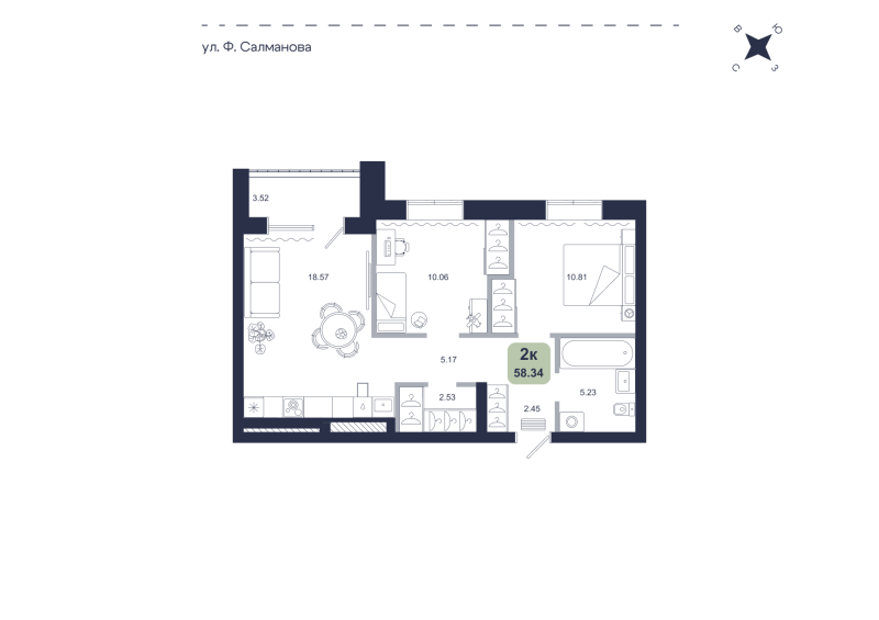 Планировка 2-комн. квартира, 58.3 м² — ЖК «Хито»
