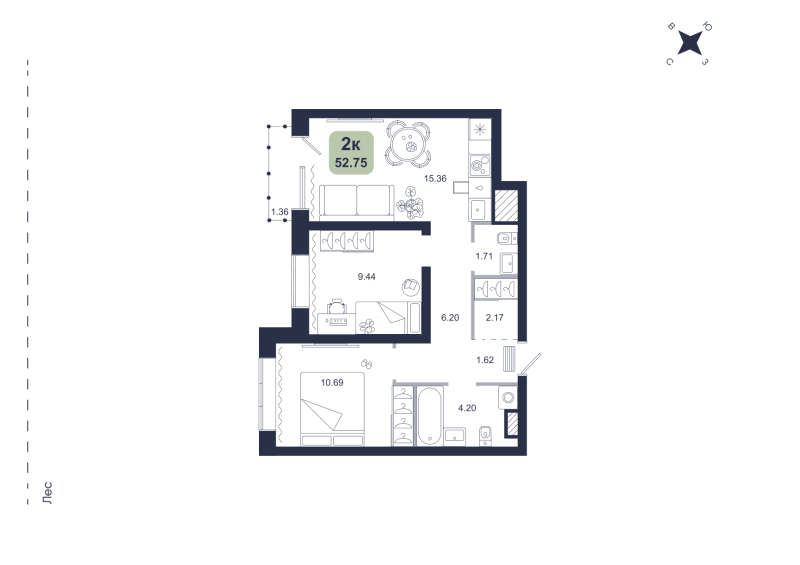 Планировка 2-комн. квартира, 52.8 м² — ЖК «Хито»