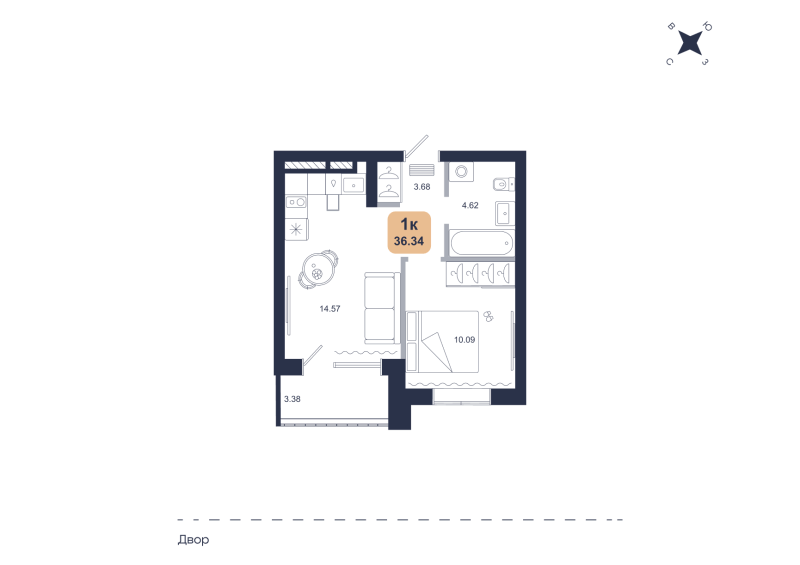 Планировка 1-комн. квартира, 36.3 м² — ЖК «Хито»