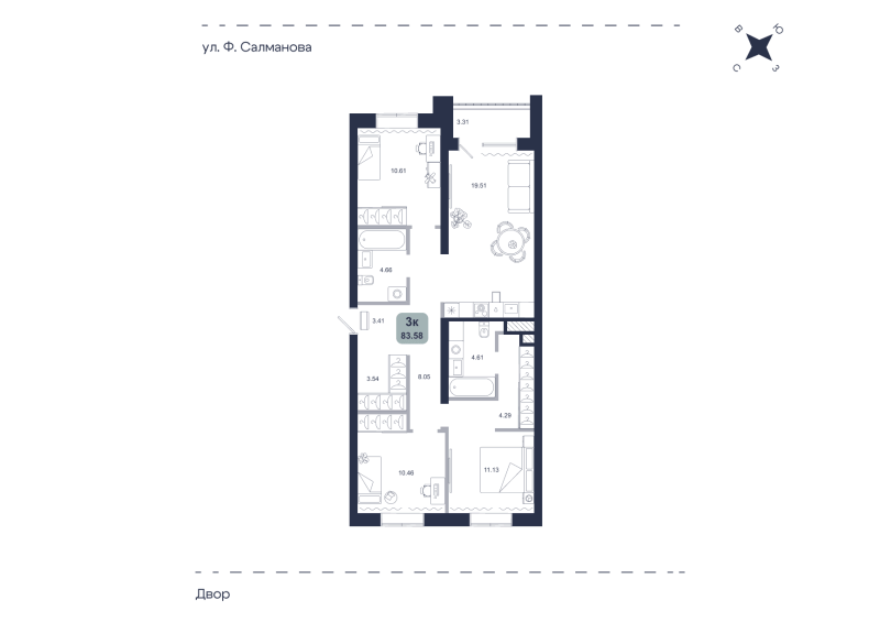 Планировка 3-комн. квартира, 83.6 м² — ЖК «Хито»