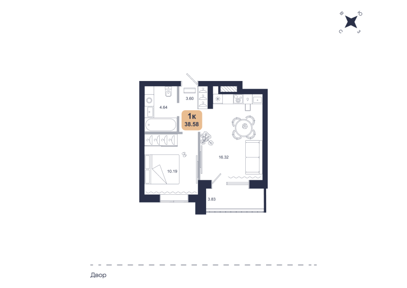 Планировка 1-комн. квартира, 38.6 м² — ЖК «Хито»