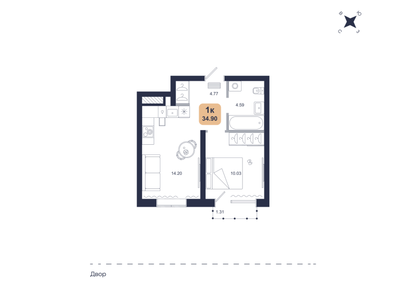 Планировка 1-комн. квартира, 34.9 м² — ЖК «Хито»