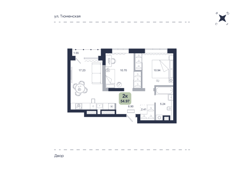 Планировка 2-комн. квартира, 55 м² — ЖК «Хито»