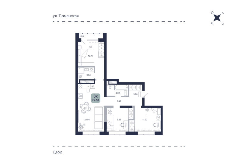 Планировка 3-комн. квартира, 72.6 м² — ЖК «Хито»