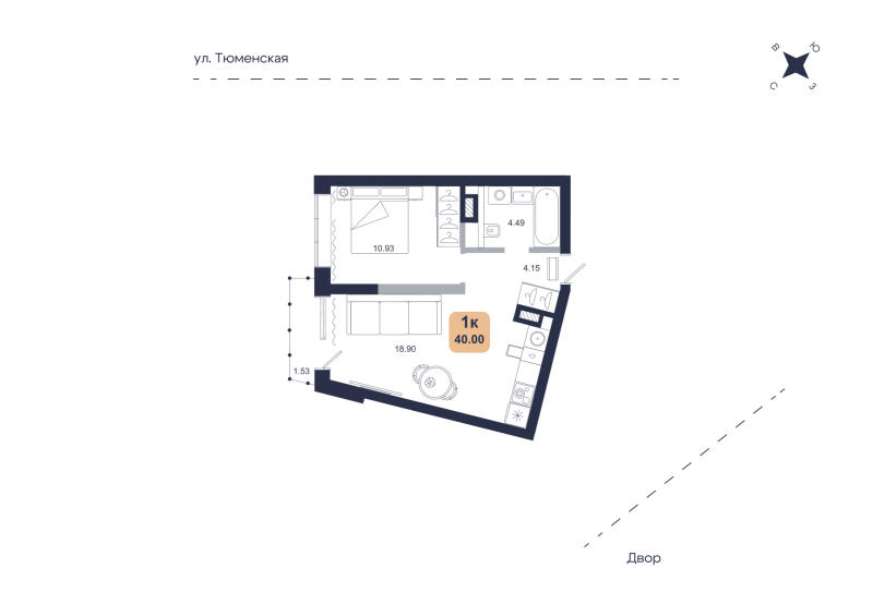 Планировка 1-комн. квартира, 40 м² — ЖК «Хито»