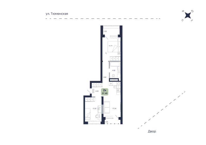 Планировка 2-комн. квартира, 57.4 м² — ЖК «Хито»