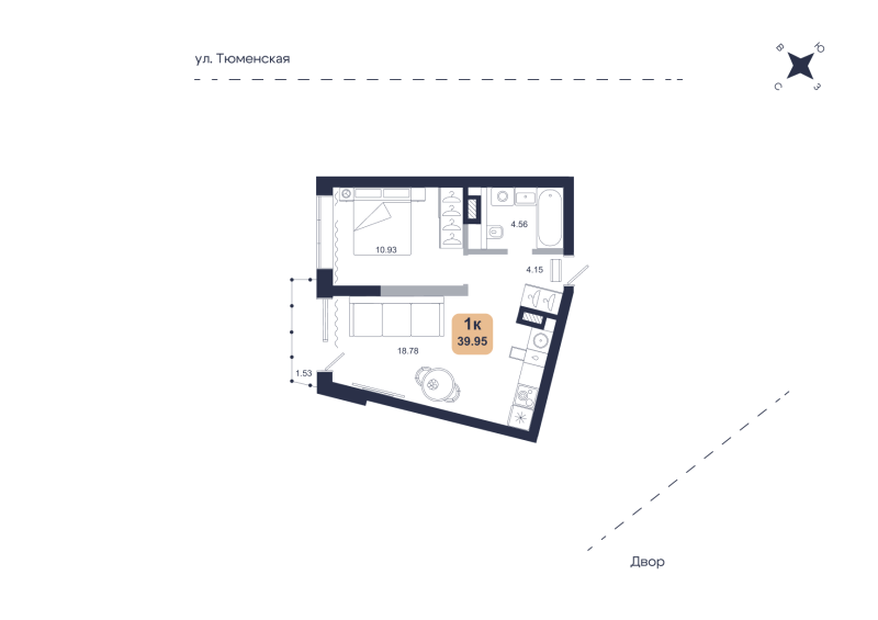 Планировка 1-комн. квартира, 40 м² — ЖК «Хито»