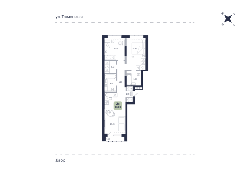 Планировка 2-комн. квартира, 66 м² — ЖК «Хито»