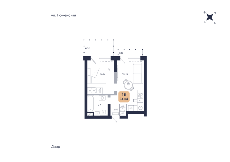 Планировка 1-комн. квартира, 34.5 м² — ЖК «Хито»