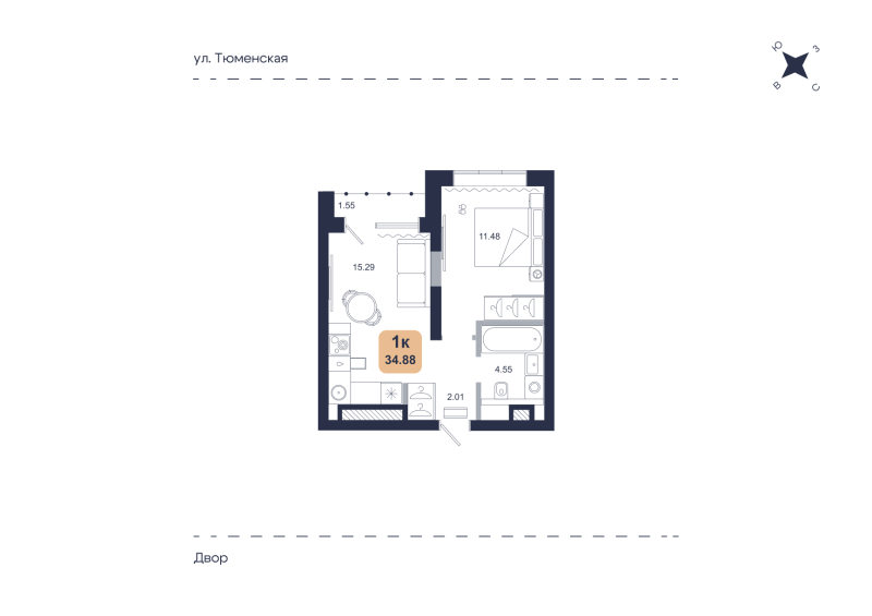 Планировка 1-комн. квартира, 34.9 м² — ЖК «Хито»