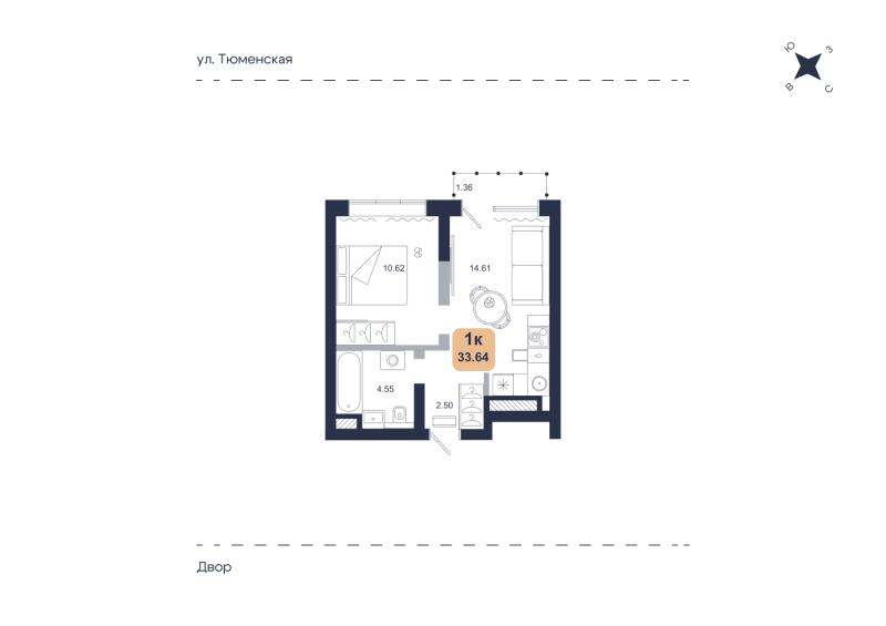 Планировка 1-комн. квартира, 33.6 м² — ЖК «Хито»