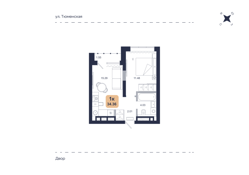 Планировка 1-комн. квартира, 34.4 м² — ЖК «Хито»