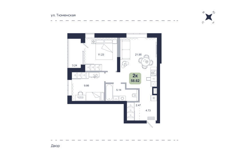 Планировка 2-комн. квартира, 58.6 м² — ЖК «Хито»