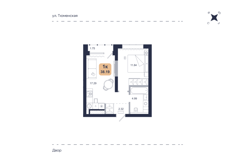 Планировка 1-комн. квартира, 38.2 м² — ЖК «Хито»