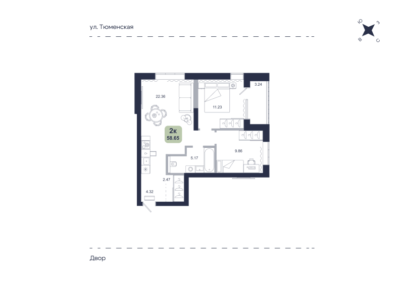Планировка 2-комн. квартира, 58.6 м² — ЖК «Хито»