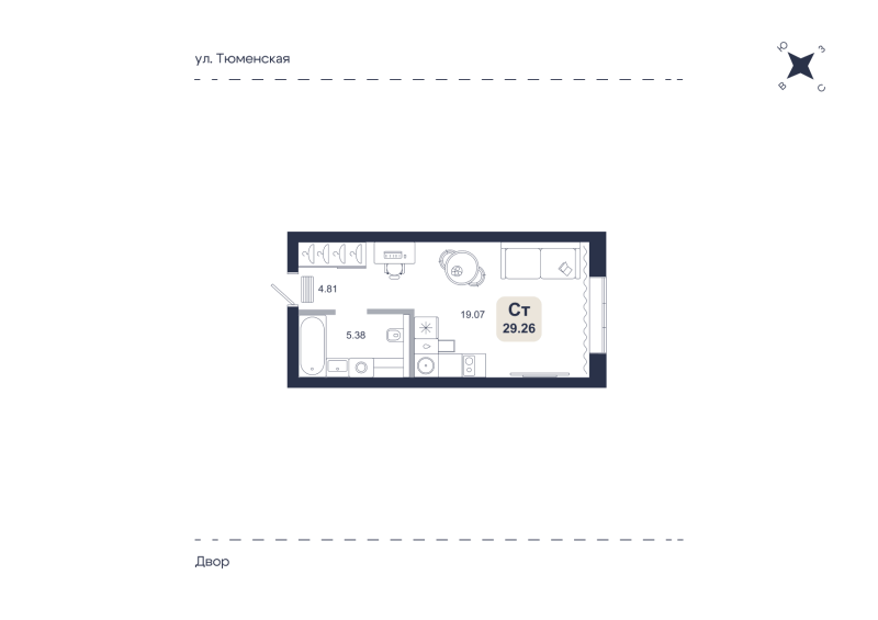 Планировка Студия, 29.3 м² — ЖК «Хито»