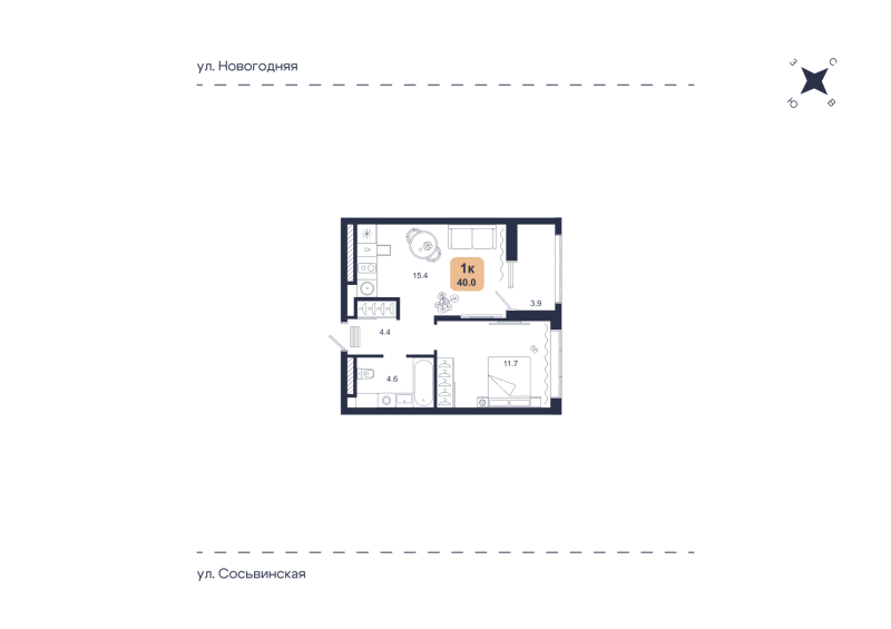 Планировка 1-комн. квартира, 40 м² — ЖК «Свой»
