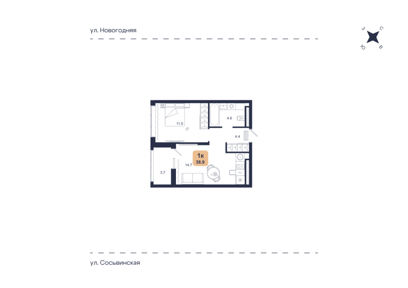 Планировка 1-комн. квартира, 38.9 м² — ЖК «Свой»