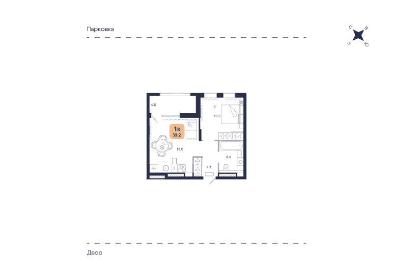 Планировка 1-комн. квартира, 39.2 м² — ЖК «Свой»