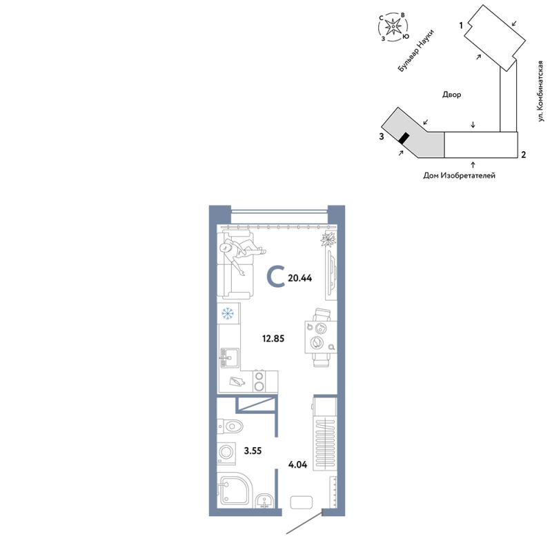 Планировка Студия, 20.4 м² — ЖК «Авторский»