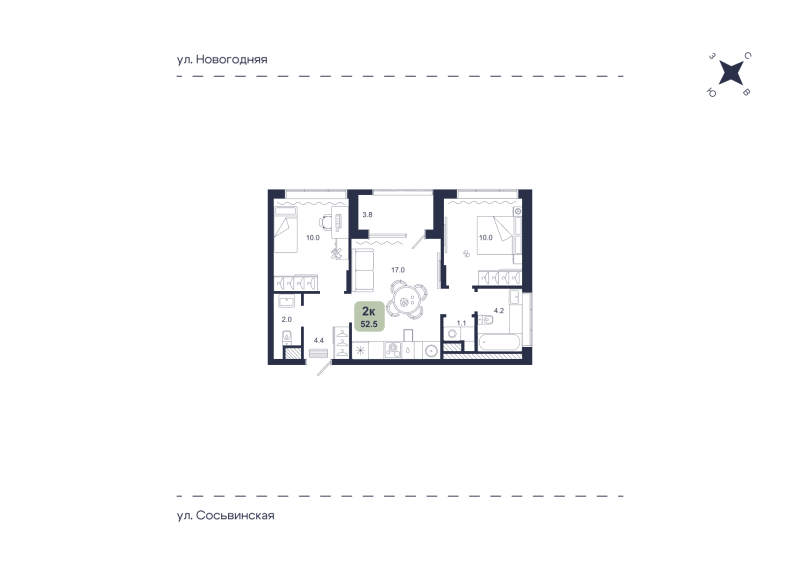 Планировка 2-комн. квартира, 52.5 м² — ЖК «Свой»