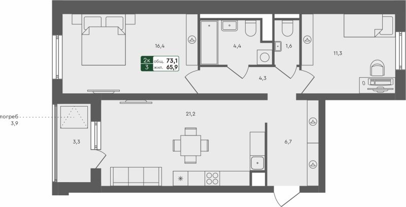 Планировка 2-комн. квартира, 73.1 м² — ЖК «Ритмы»