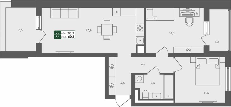 Планировка 2-комн. квартира, 70.7 м² — ЖК «Ритмы»