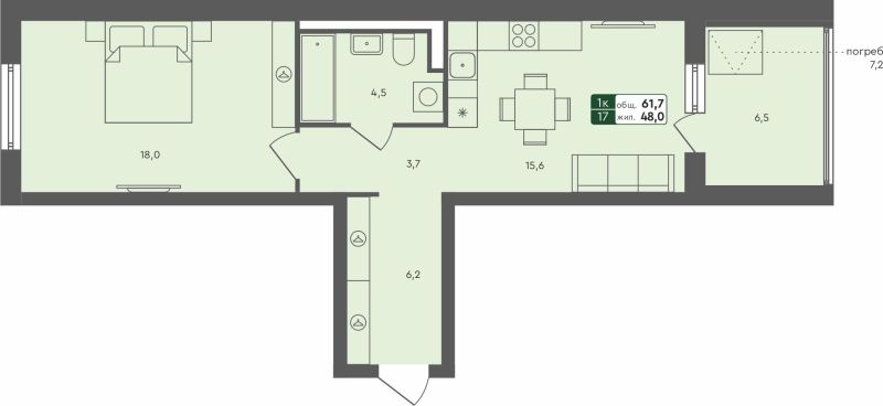 Планировка 1-комн. квартира, 61.7 м² — ЖК «Ритмы»