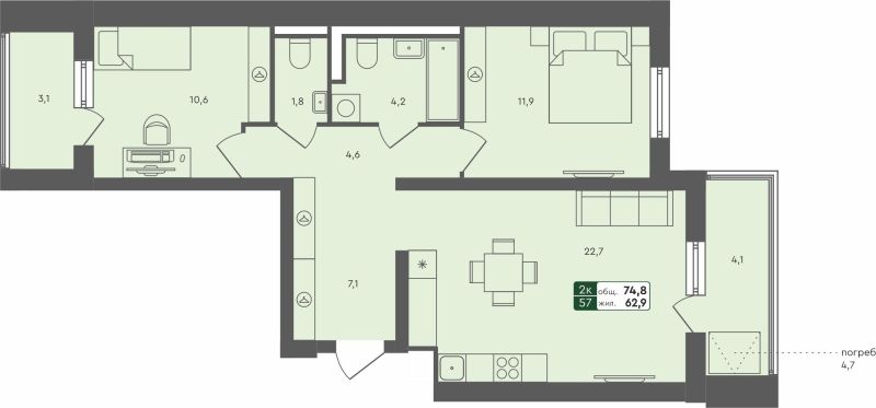 Планировка 2-комн. квартира, 74.8 м² — ЖК «Ритмы»