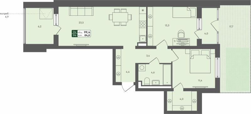 Планировка 2-комн. квартира, 99.4 м² — ЖК «Ритмы»