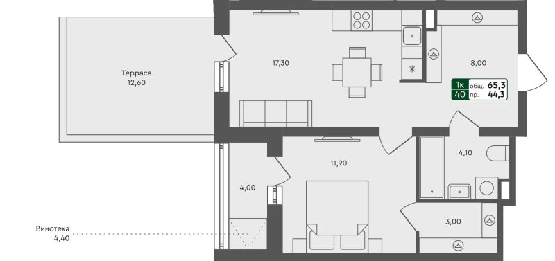 Планировка 1-комн. квартира, 65.3 м² — ЖК «Ритмы»