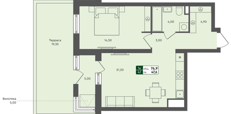 Планировка 1-комн. квартира, 76.9 м² — ЖК «Ритмы»