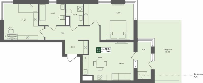 Планировка 2-комн. квартира, 102.1 м² — ЖК «Ритмы»