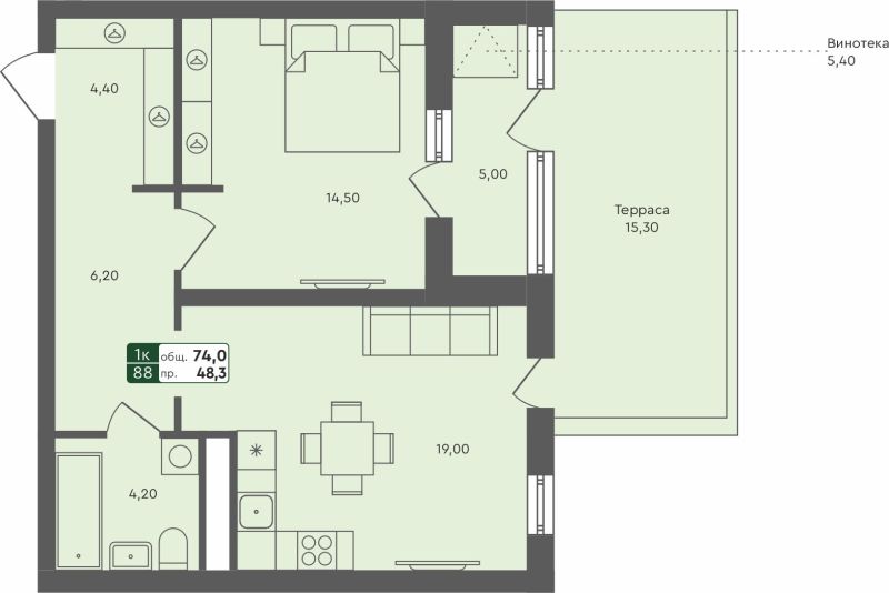 Планировка 1-комн. квартира, 74 м² — ЖК «Ритмы»