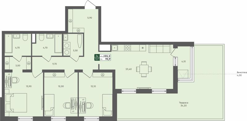 Планировка 3-комн. квартира, 135.2 м² — ЖК «Ритмы»