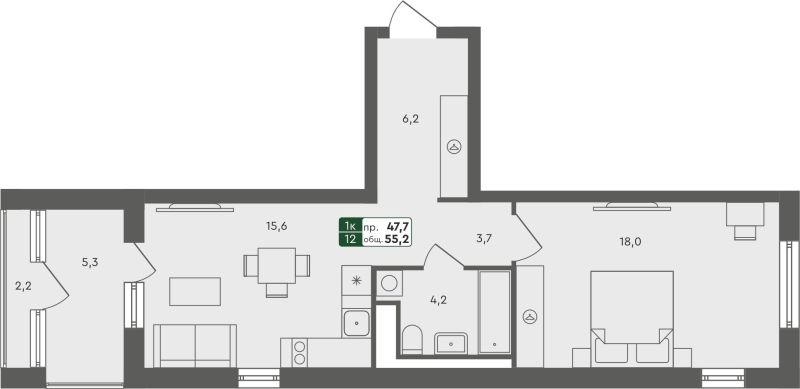 Планировка 1-комн. квартира, 55.2 м² — ЖК «Ритмы»