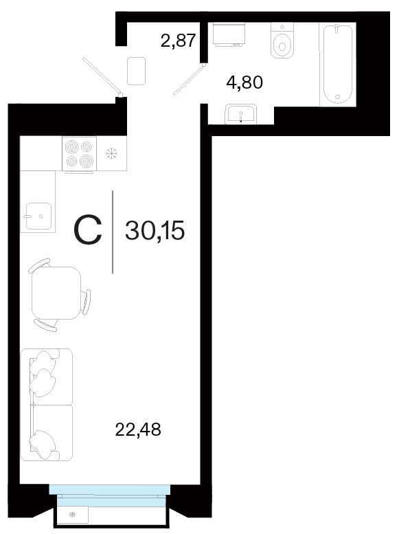 Планировка Студия, 30.1 м² — ЖК «Кедровый берег»