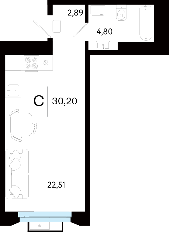 Планировка Студия, 30.2 м² — ЖК «Кедровый берег»