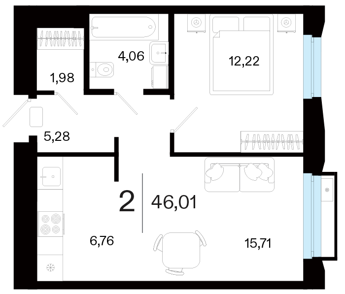 Планировка 1-комн. квартира, 46 м² — ЖК «Кедровый берег»