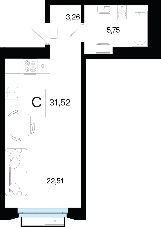 Планировка Студия, 31.5 м² — ЖК «Кедровый берег»