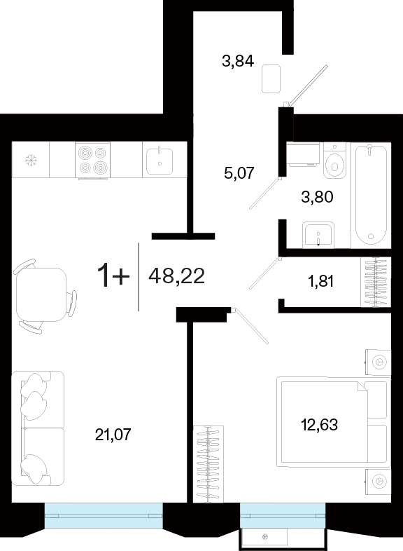 Планировка 1-комн. квартира, 48.2 м² — ЖК «Кедровый берег»