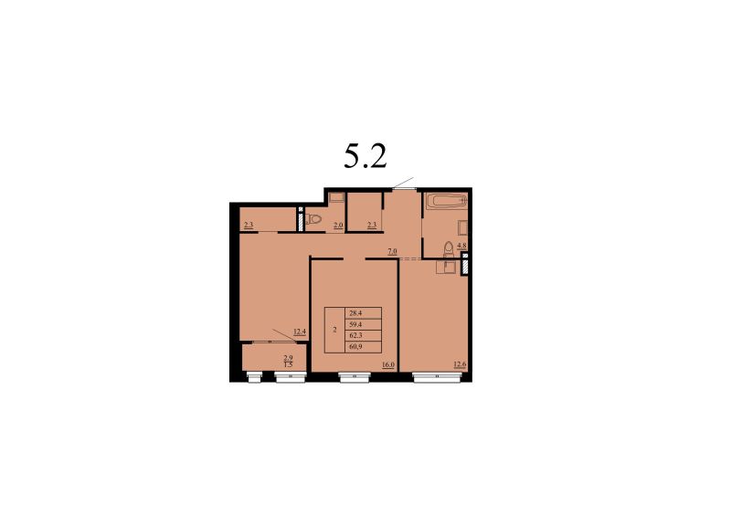 Планировка 2-комн. квартира, 59.4 м² — ЖК «мкр Тура-2»