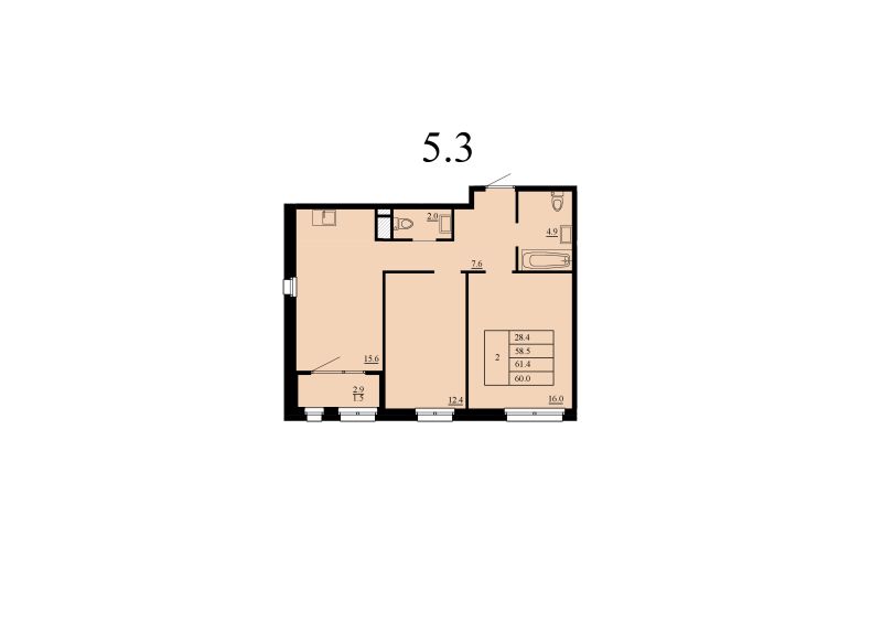 Планировка 2-комн. квартира, 58.5 м² — ЖК «мкр Тура-2»