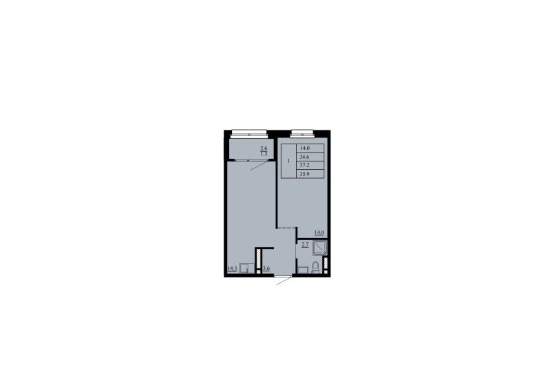 Планировка 1-комн. квартира, 34.6 м² — ЖК «мкр Тура-2»