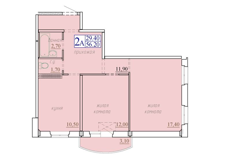 Планировка 2-комн. квартира, 56.2 м² — ЖК «мкр Тура-2»