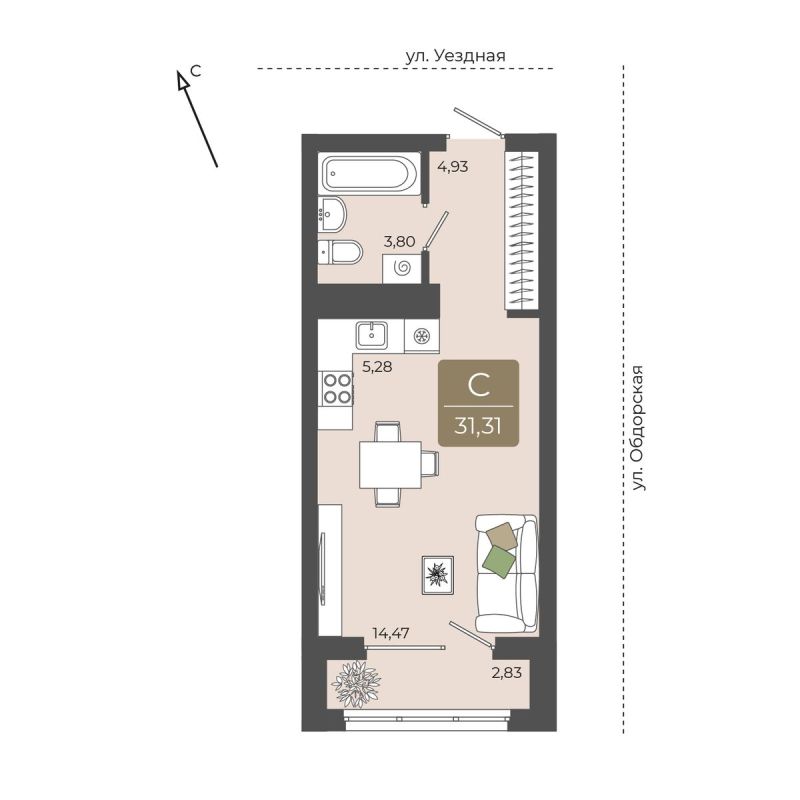 Планировка Студия, 31.3 м² — ЖК «Мидгард на Уездной»
