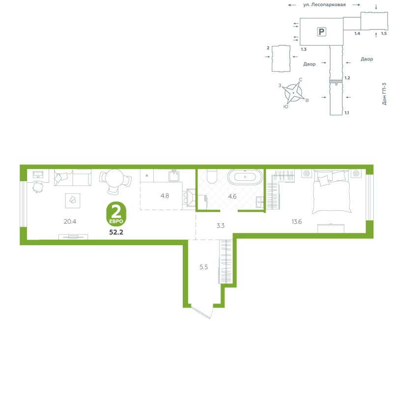Планировка 1-комн. квартира, 52.2 м² — ЖК «Чистые пруды»