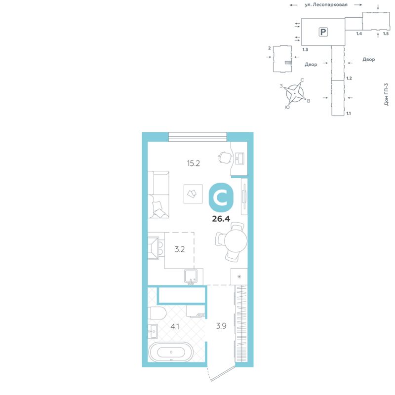 Планировка Студия, 26.4 м² — ЖК «Чистые пруды»