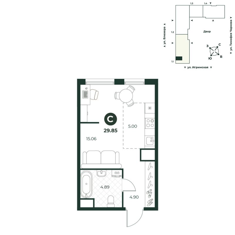 Планировка Студия, 29.9 м² — ЖК «Игрим»